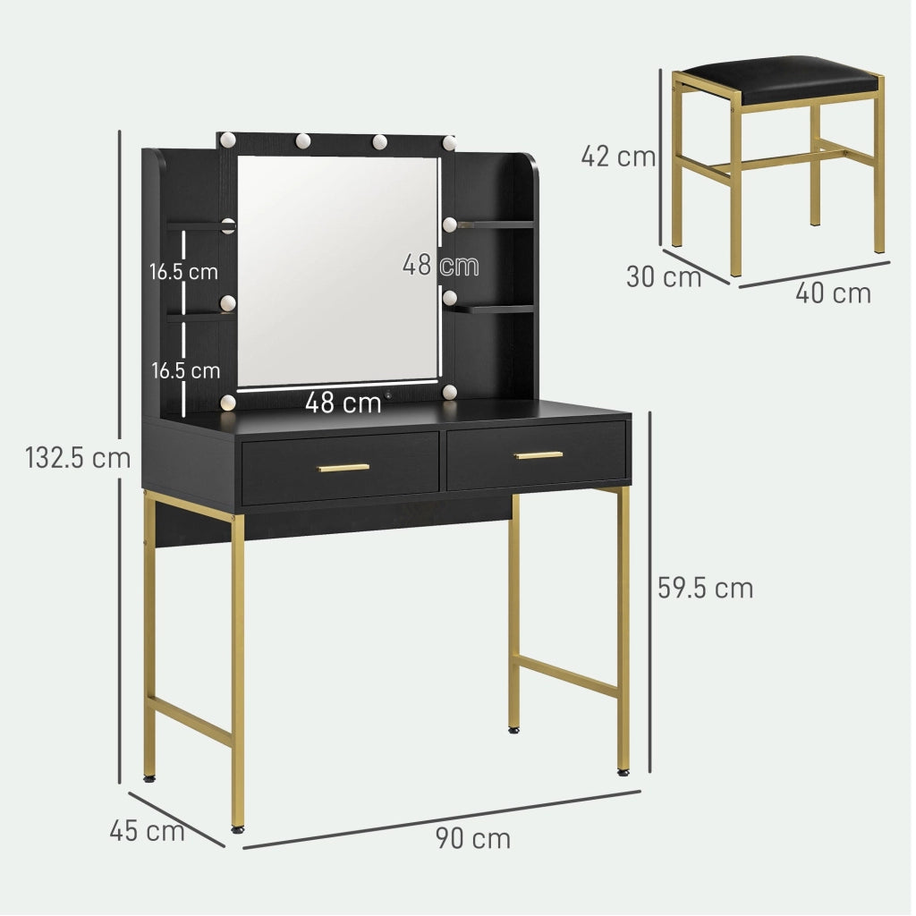Consolle Trucco 2 Cassetti 6 Ripiani e Specchio 90x45x132,5 cm in Legno e Acciaio Nero