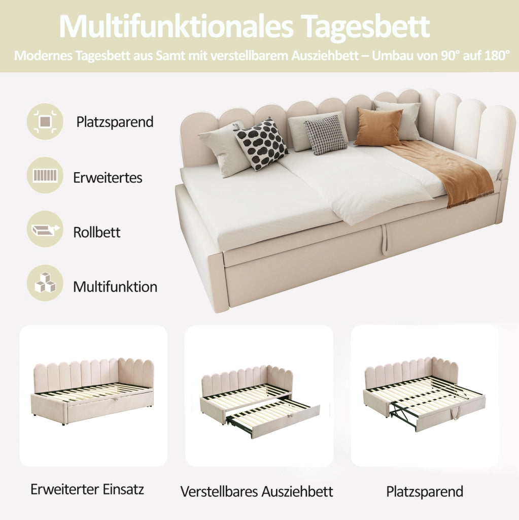 Letto divano estraibile a L 90x200 cm in velluto beige