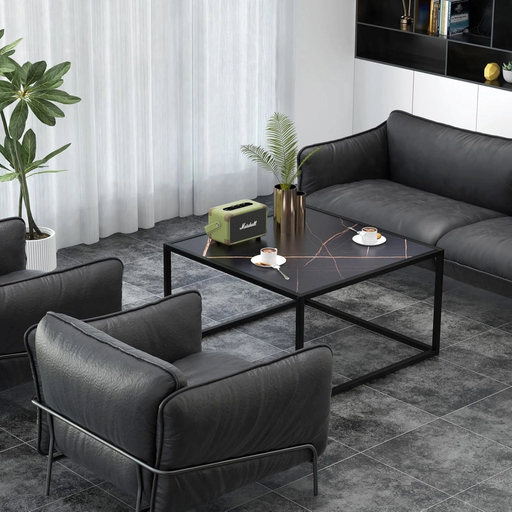 Tavolino da Salotto in Legno, Tavolino Basso con Piano in Finto Marmo e Struttura in Acciaio, Tavolino Basso per Soggiorno e Ufficio, Portata Massima 45 kg, 70 x 70 x 40 cm (Nero)