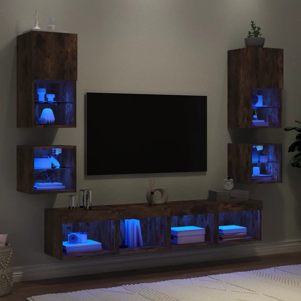 vidaXL Mobili TV a Muro con LED 8pz Rovere Fumo in Legno Multistrato