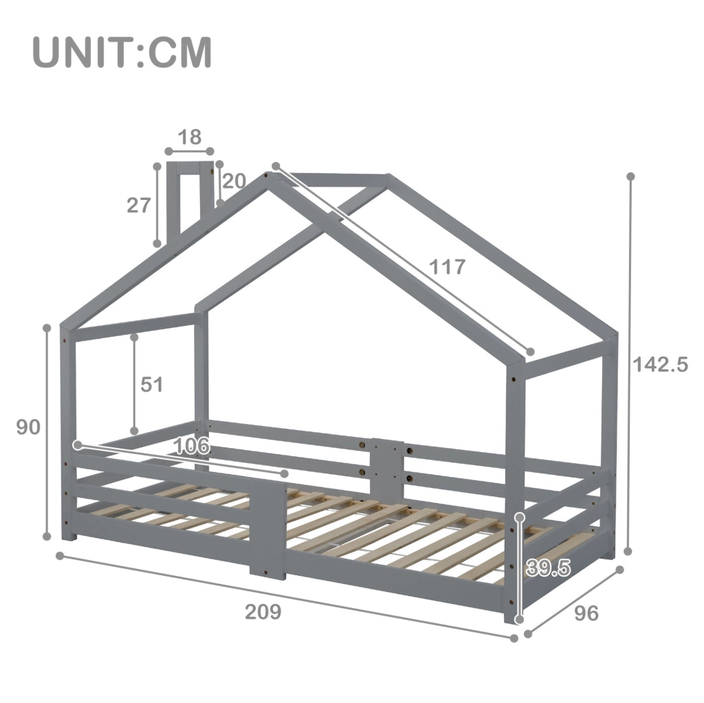 Letto a casetta 90x200 cm con protezione anticaduta; legno; grigio (Senza materasso)