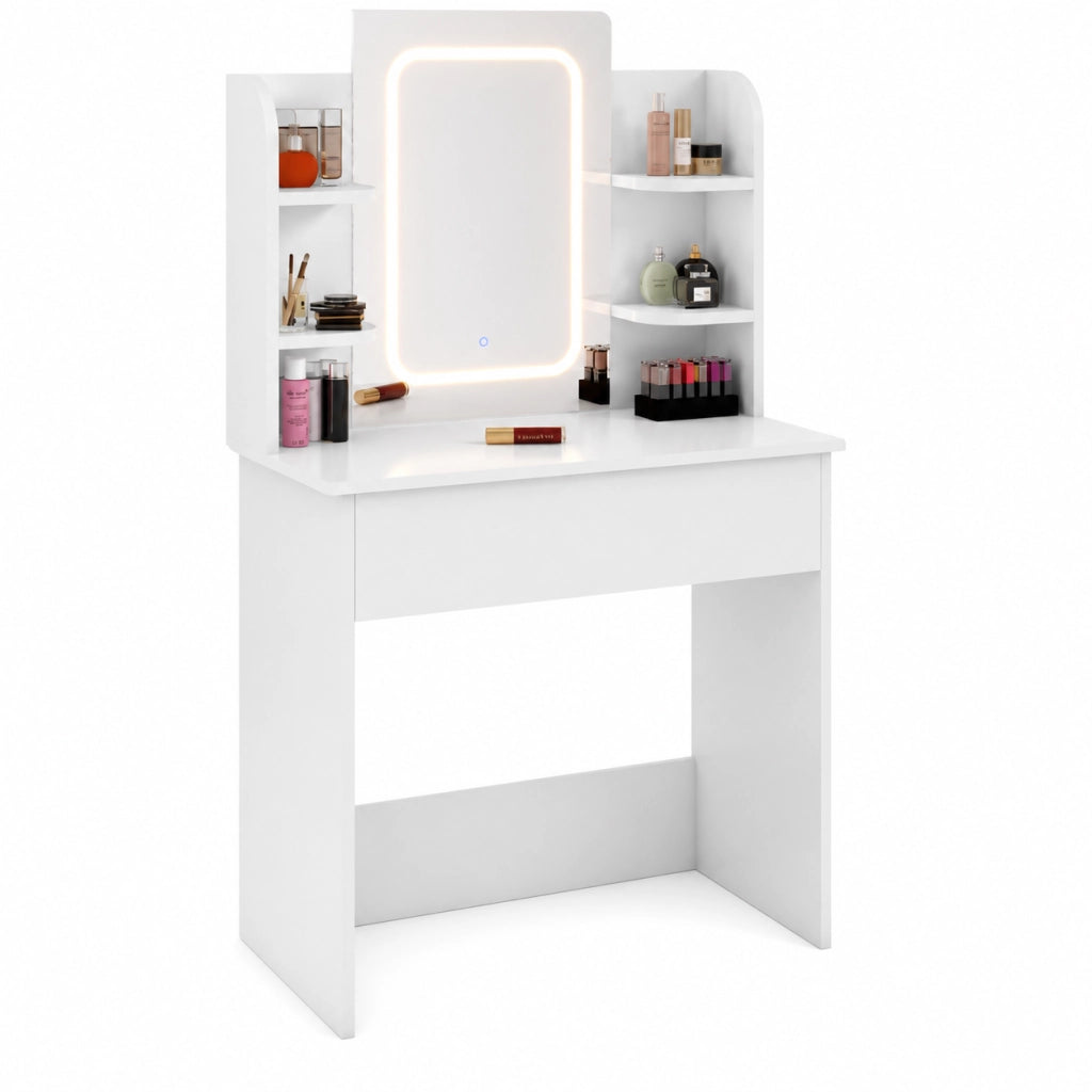 Consolle Trucco con Specchio Led Mobile Makeup 85x40 H140 cm 1 Cassetto 4 Ripiani Luce Regolabile Usb Bianco