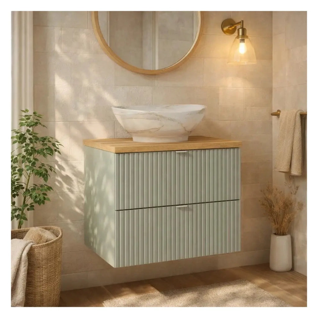 Set da bagno ELVINA 60cm: mobile sotto lavabo con cassetti verde salvia grigio + piano per lavabo effetto legno scuro