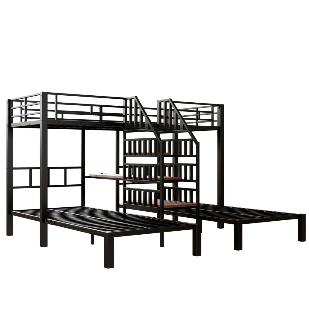 Letto a castello 3 posti 90 x 200 cm con LED; scrivania; USB e presa; nero