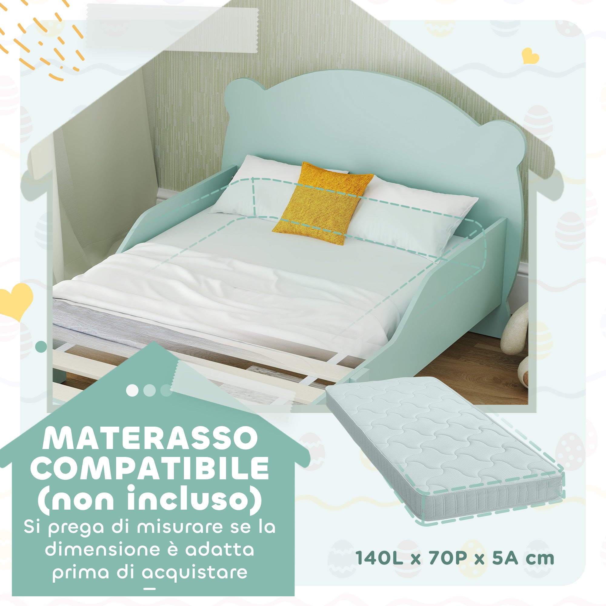 Struttura Letto Singolo per Bambini Orso 143,5x80x55 cm con Sponde Laterali in Legno Verde