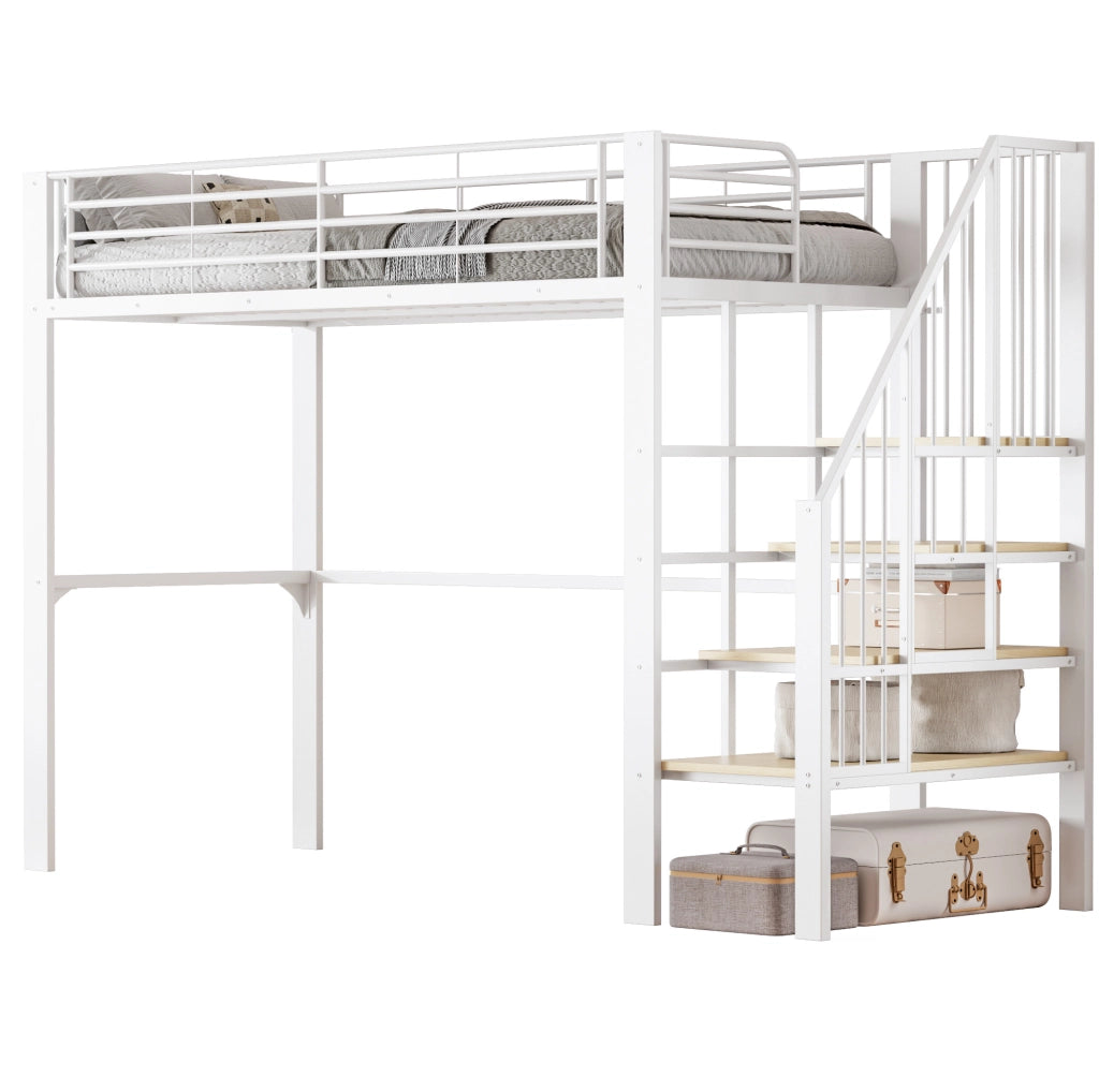 Letto a soppalco 90x200 cm in metallo e legno; con scala e spazio contenitore; bianco