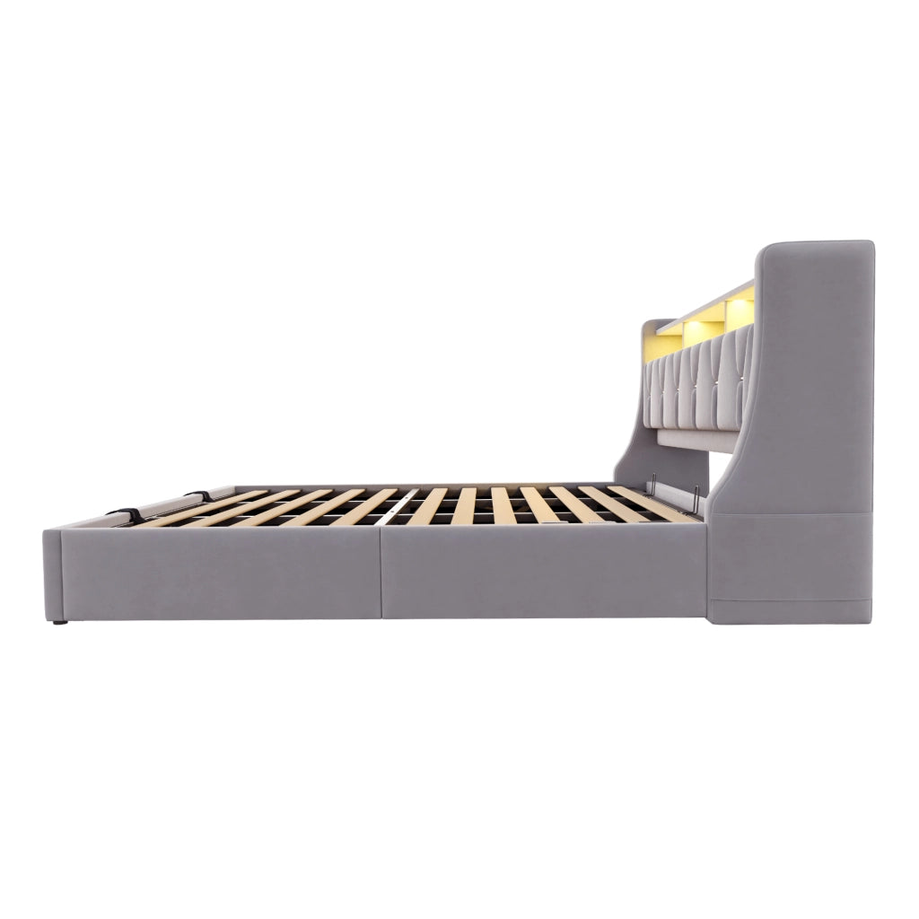 Letto matrimoniale contenitore 180x200 cm con testiera ribaltabile; prese; LED e piedi maggiorati; velluto grigio chiaro