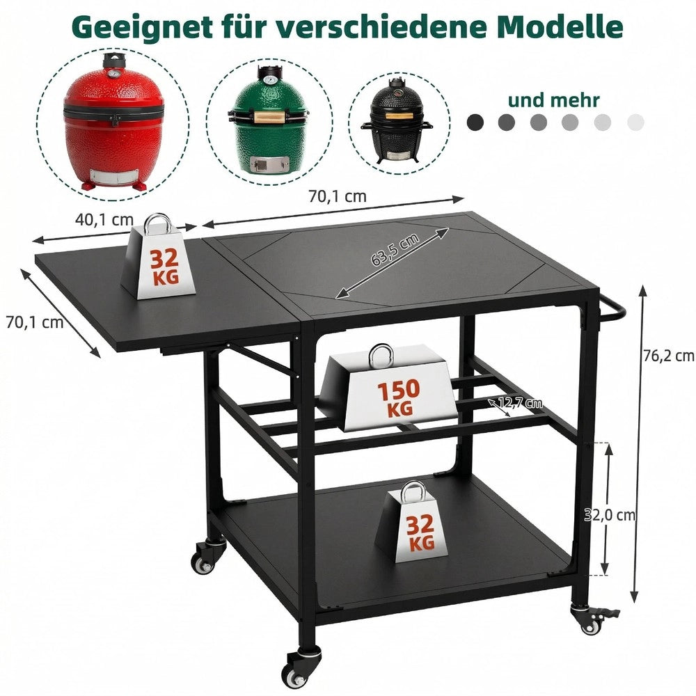 Tavolo da Grill per Esterno Big Green Egg ¨C Xylo ¨C Metallo con Ruote e Ripiano