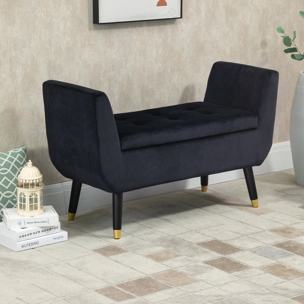 Panca contenitore elegante con seduta imbottita e interno capiente, gambe in legno di caucciù, poliestere, nero