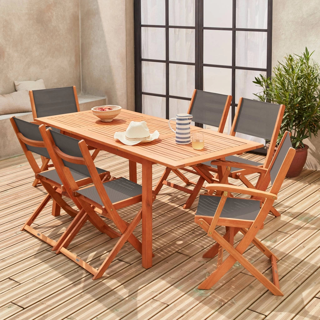 Set tavolo da giardino rettangolare allungabile in legno con 6 sedie,