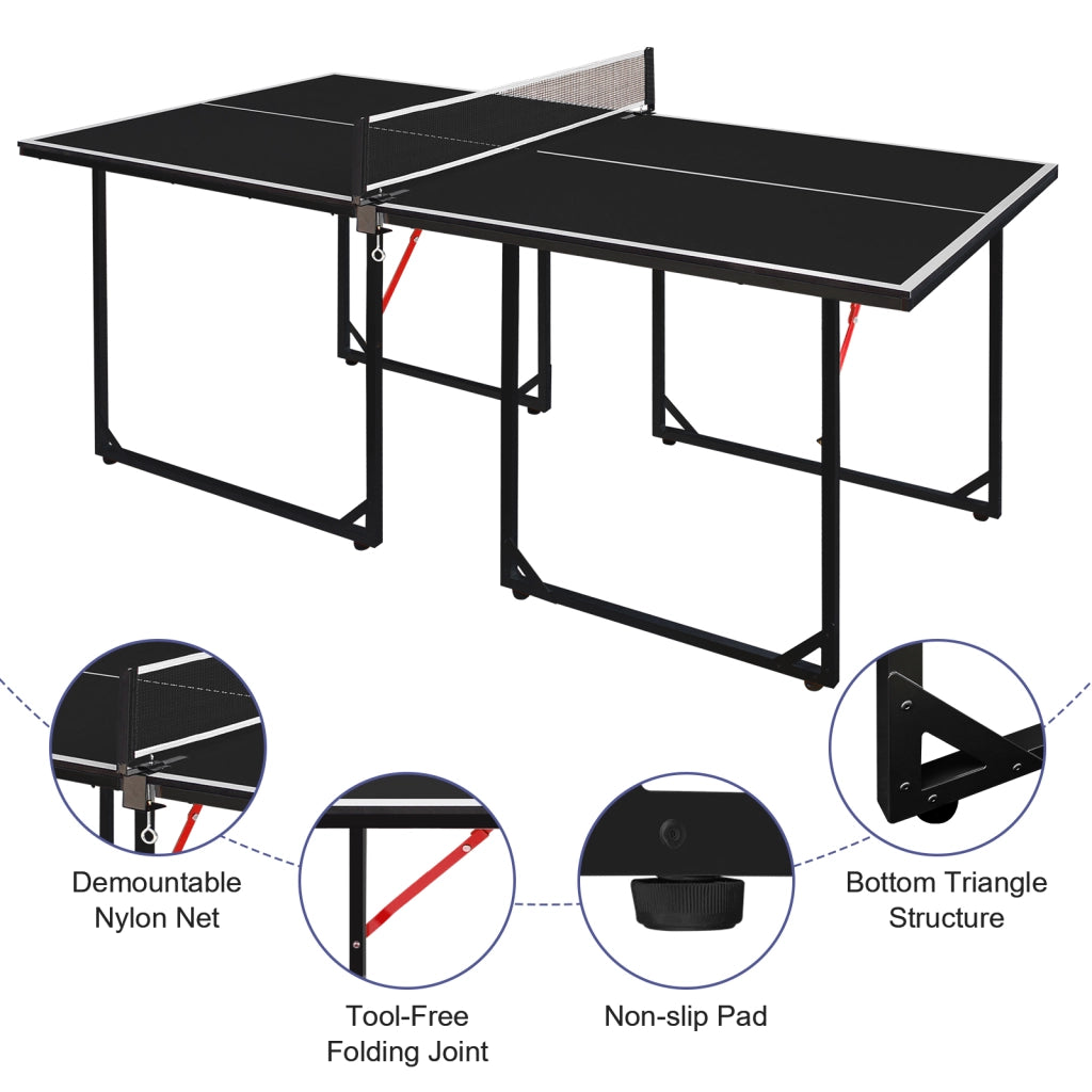 Tavolo da ping pong pieghevole 182 cm, portatile, con rete, 2 racchette e 3 palline, nero