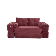 Divano letto 2 posti modulare con tasche laterali portabicchieri e cuscini memory in velluto a coste bordeaux