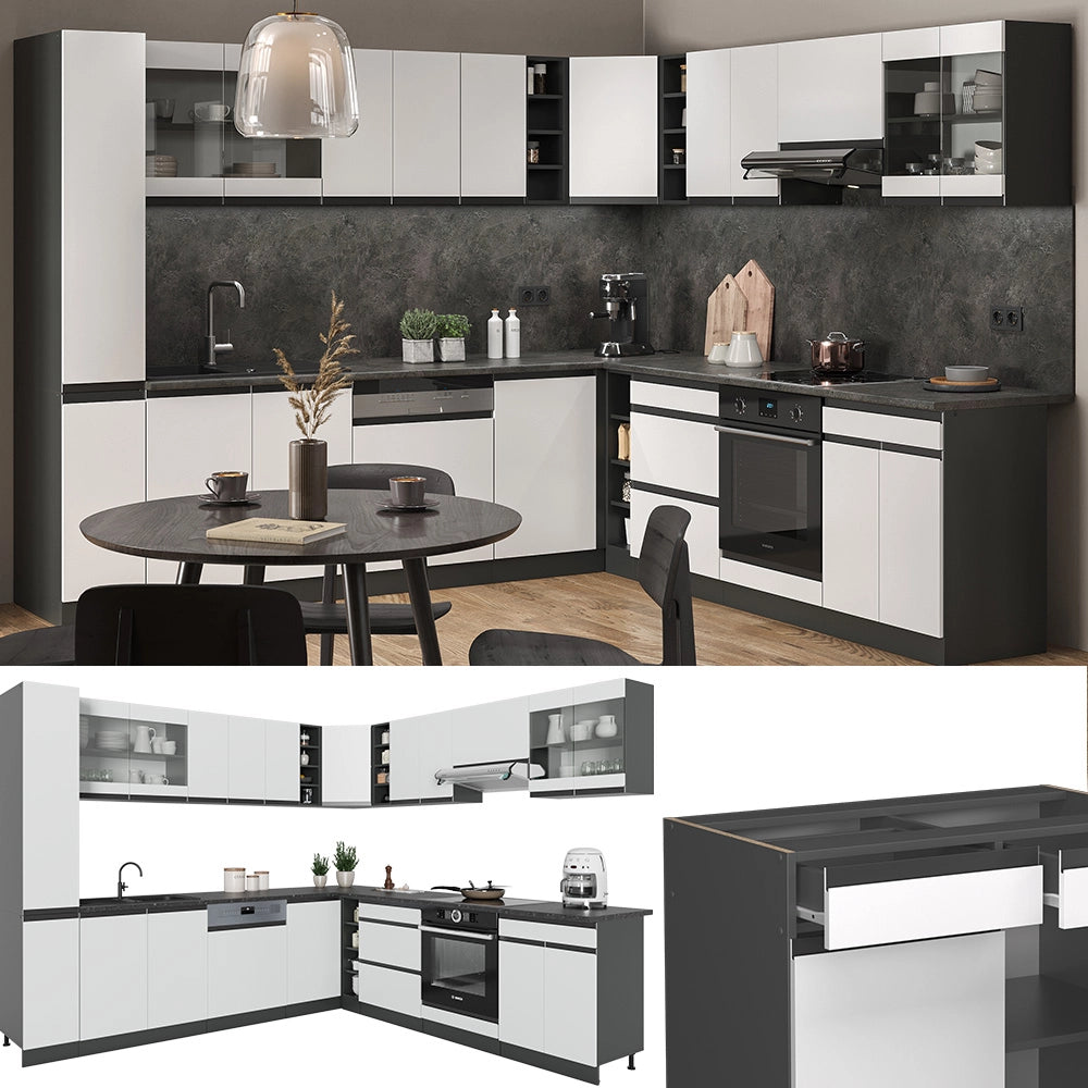 Vicco Cucina angolare completa Bianco/antracite 257 x 277 cm J-Shape, PL Rovere