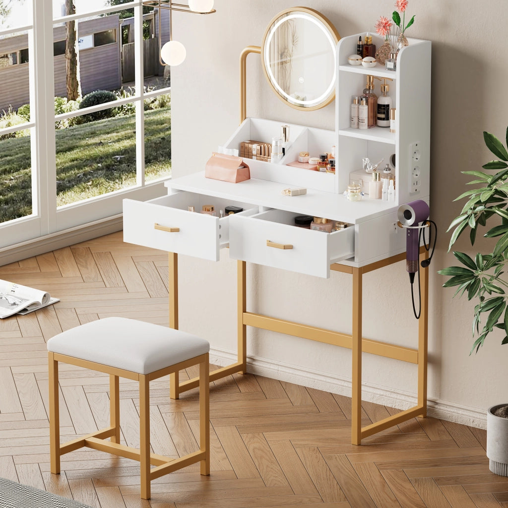 TOELETTA 80x40x138,5 cm con specchio LED, bianco/oro con sgabello
