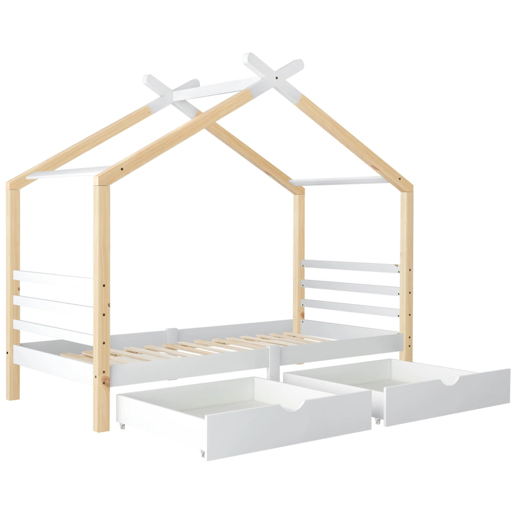 Letto casetta 90x200 cm; con cassetti; legno e MDF; bianco (Senza materasso)