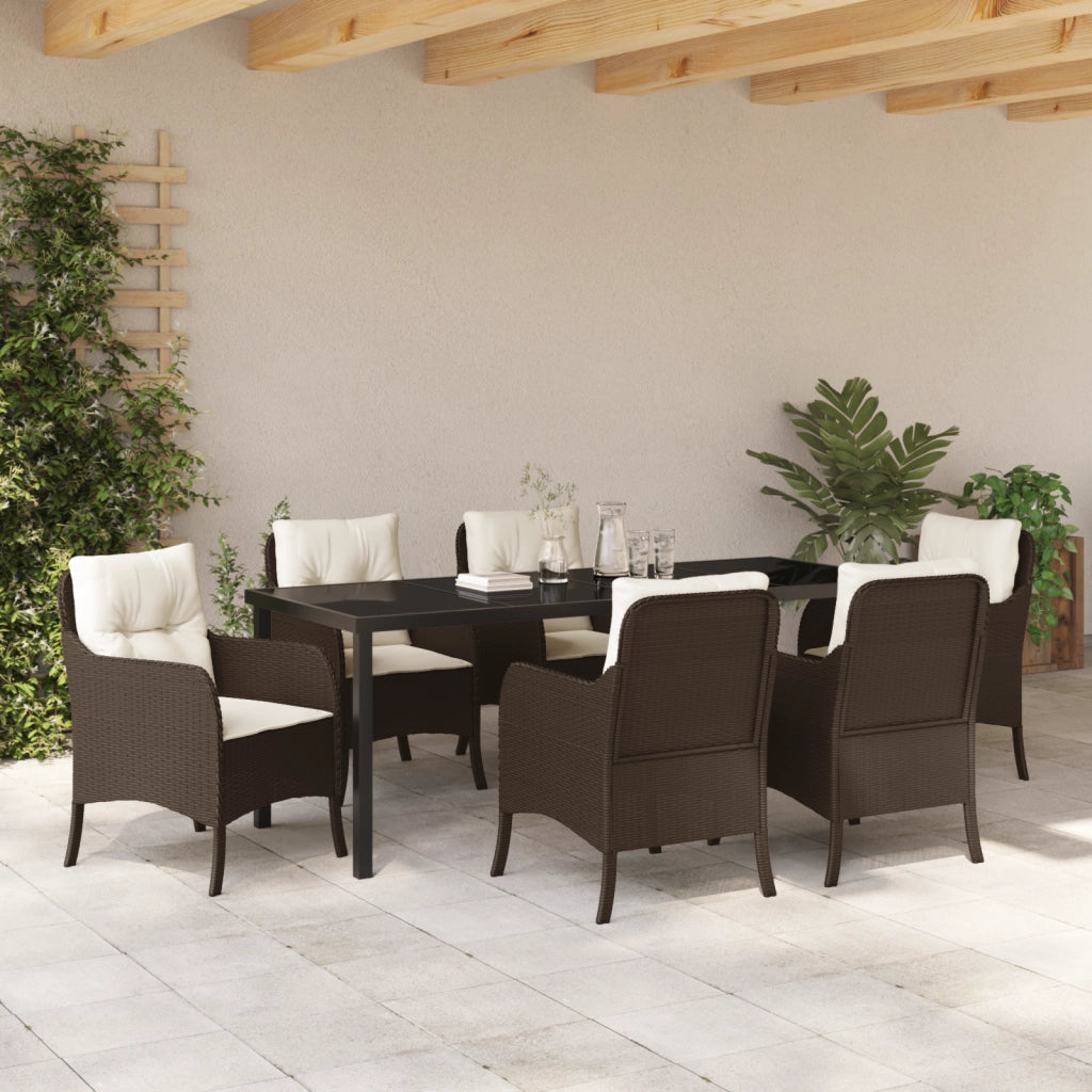 Set da Pranzo da Giardino 7 Pezzi con Cuscini Marrone Rattan di Polietilene