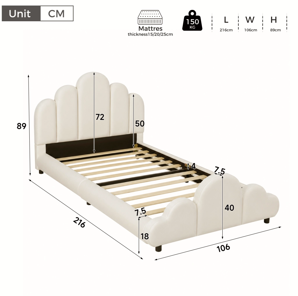 Letto singolo imbottito per bambini 90x200 cm in velluto beige con testiera arrotondata