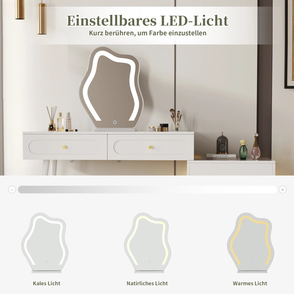Toeletta bianca con specchio LED, 4 cassetti e mobile laterale
