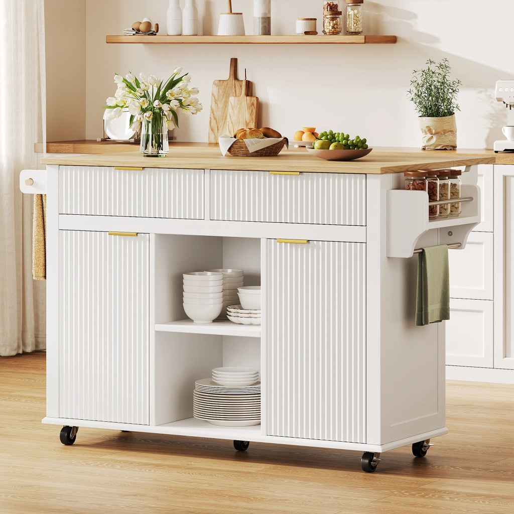 Isola cucina con 2 cassetti; 2 ante; vani aperti e piano ribaltabile su ruote per cucina e sala da pranzo; 143×45×89.5 cm