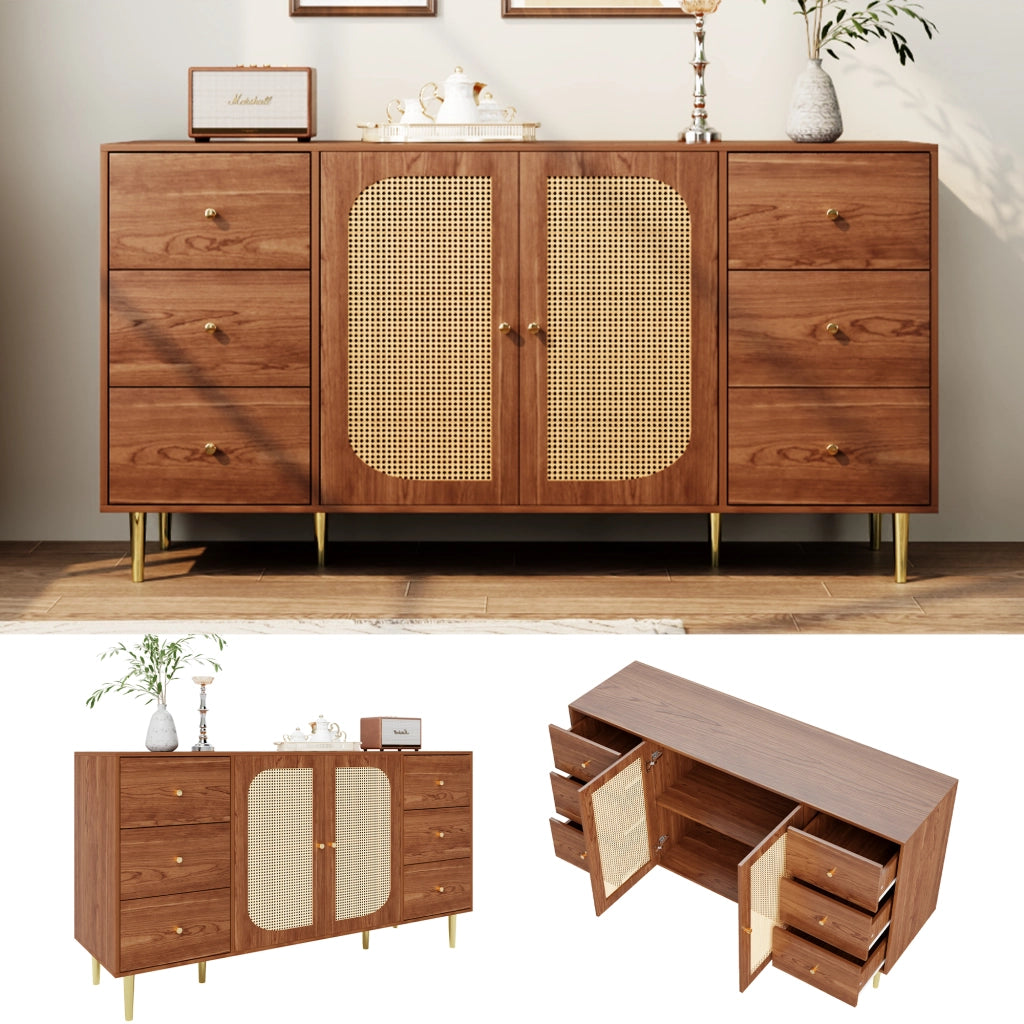 Credenza con 6 Cassetti e 2 Ante in Rattan; Stile Moderno; in MDF; Color Legno; 160??40??90 cm