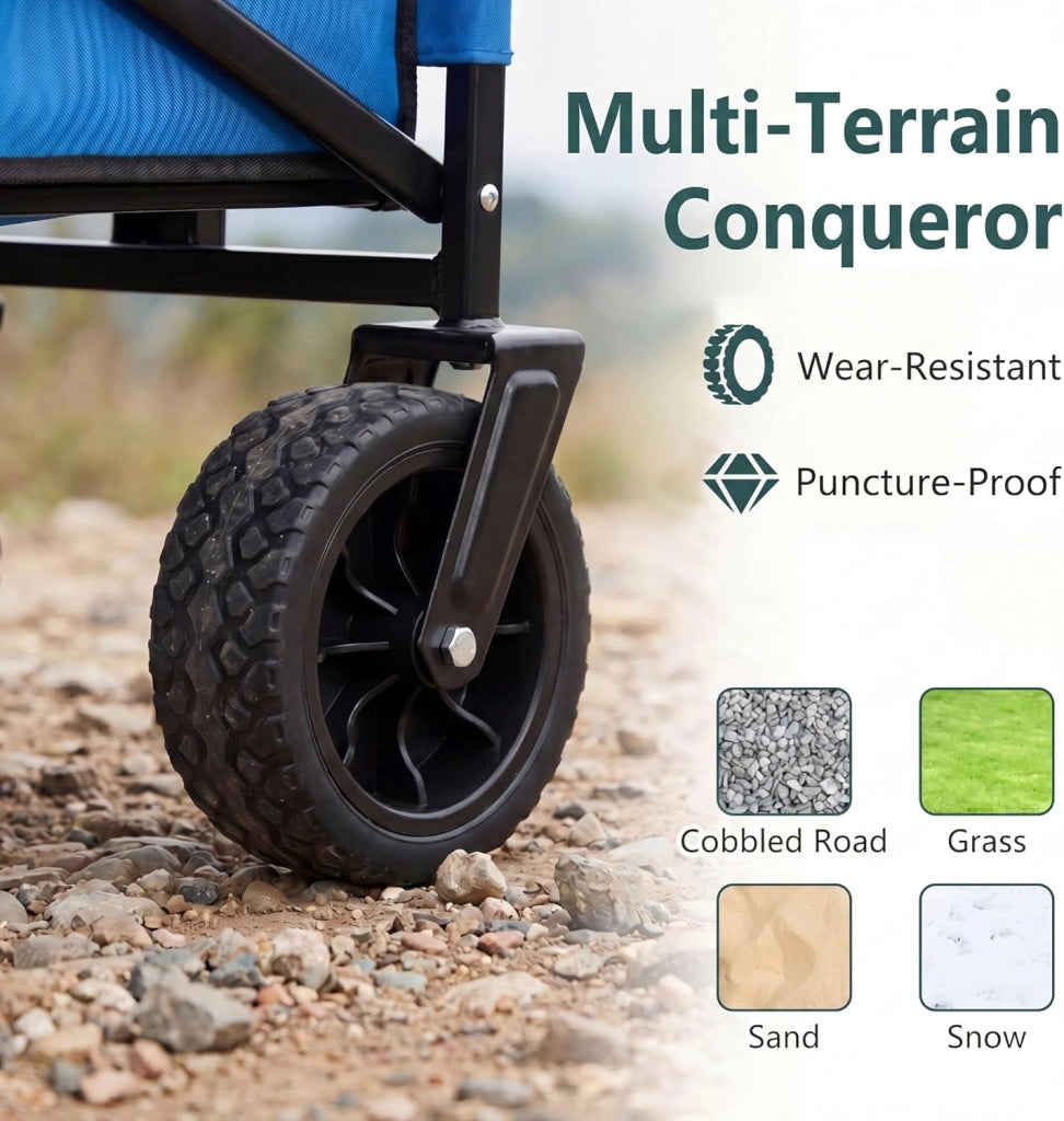 2 in 1 Carrello Spiaggia con Seduta, Carretto Pieghevole con Ruote Grandi e Cuscini Morbidi, Carrello da Campeggio, Giardino e Pesca, in Acciao Resistente, Chiusura Rapida, 80 KG, 85L (Blu)