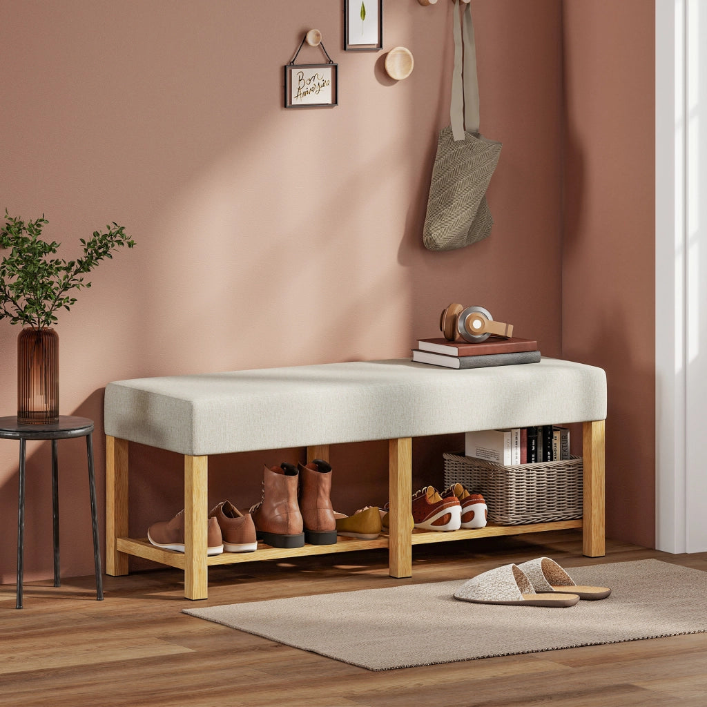 Panca Portascarpe con Seduta Imbottita e Ripiani Aperti ¨C zephmum ¨C Legno di Hevea Naturale 120x44x48cm