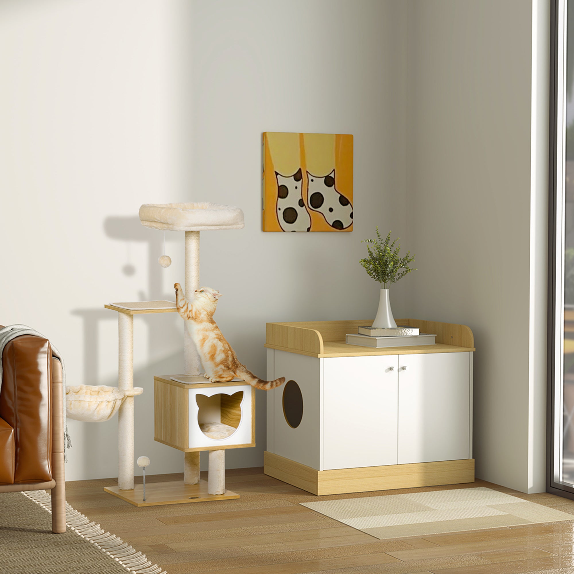 Tiragraffi per Gatti con 2 Pali Casetta e Lettini 48x40x126 cm in Legno Peluche e Sisal Beige