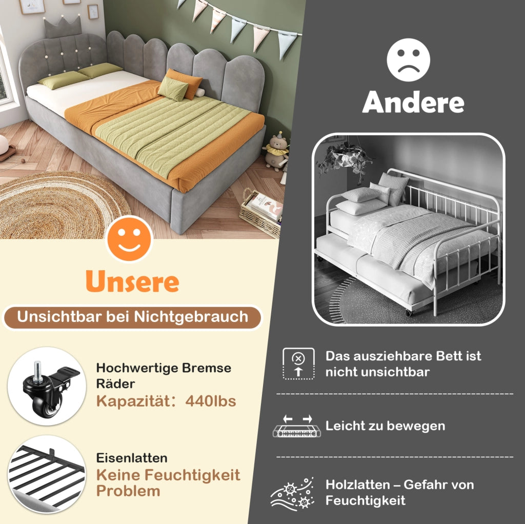 Letto estraibile a L con testiera a corona, velluto grigio