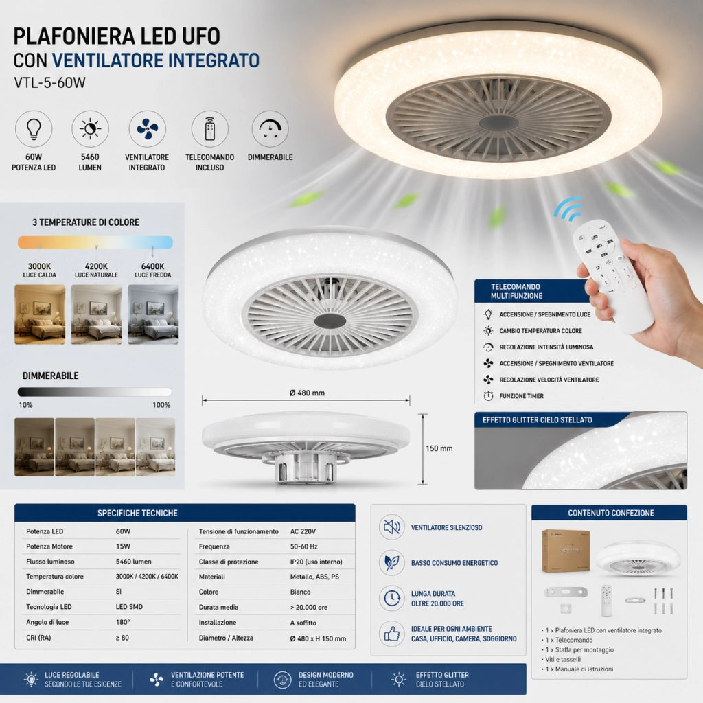 Plafoniera LED UFO con Ventilatore Integrato 60W 5460 Lumen Dimmerabile Telecomando Effetto Glitter Ø48 cm Ventola Silenziosa