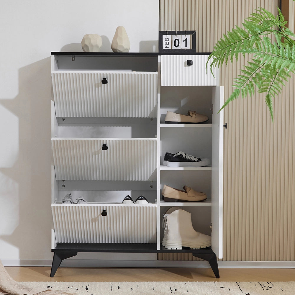 Armadio per scarpe con 3 ante - Xylo - 121x90x25 cm - Bianco - 1 cassetto e 1 porta