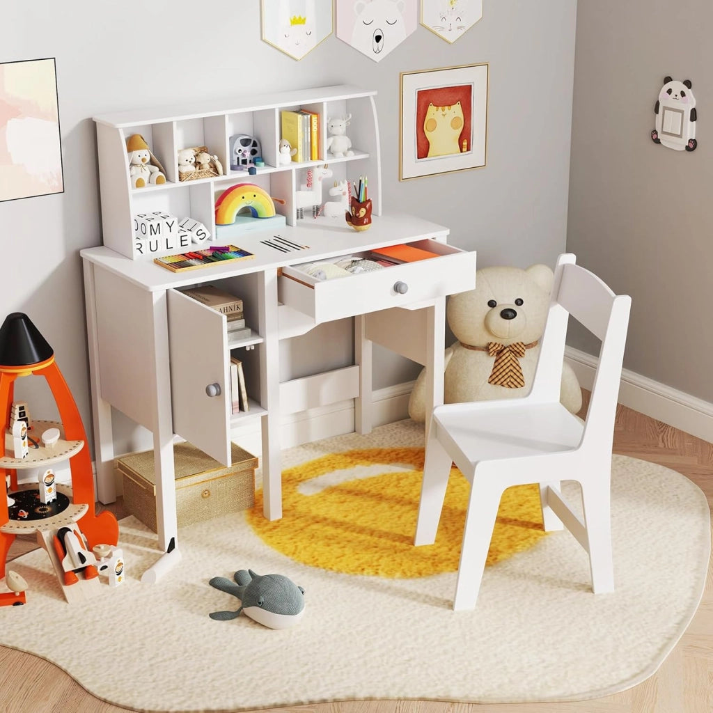 Set Scrivania e Sedia per Bambini in Legno, Tavolo e Sedia per Cameretta con Cassetto, Ripiano e Armadietto, Scrivania per Bambini Età 3+ Anni per Computer