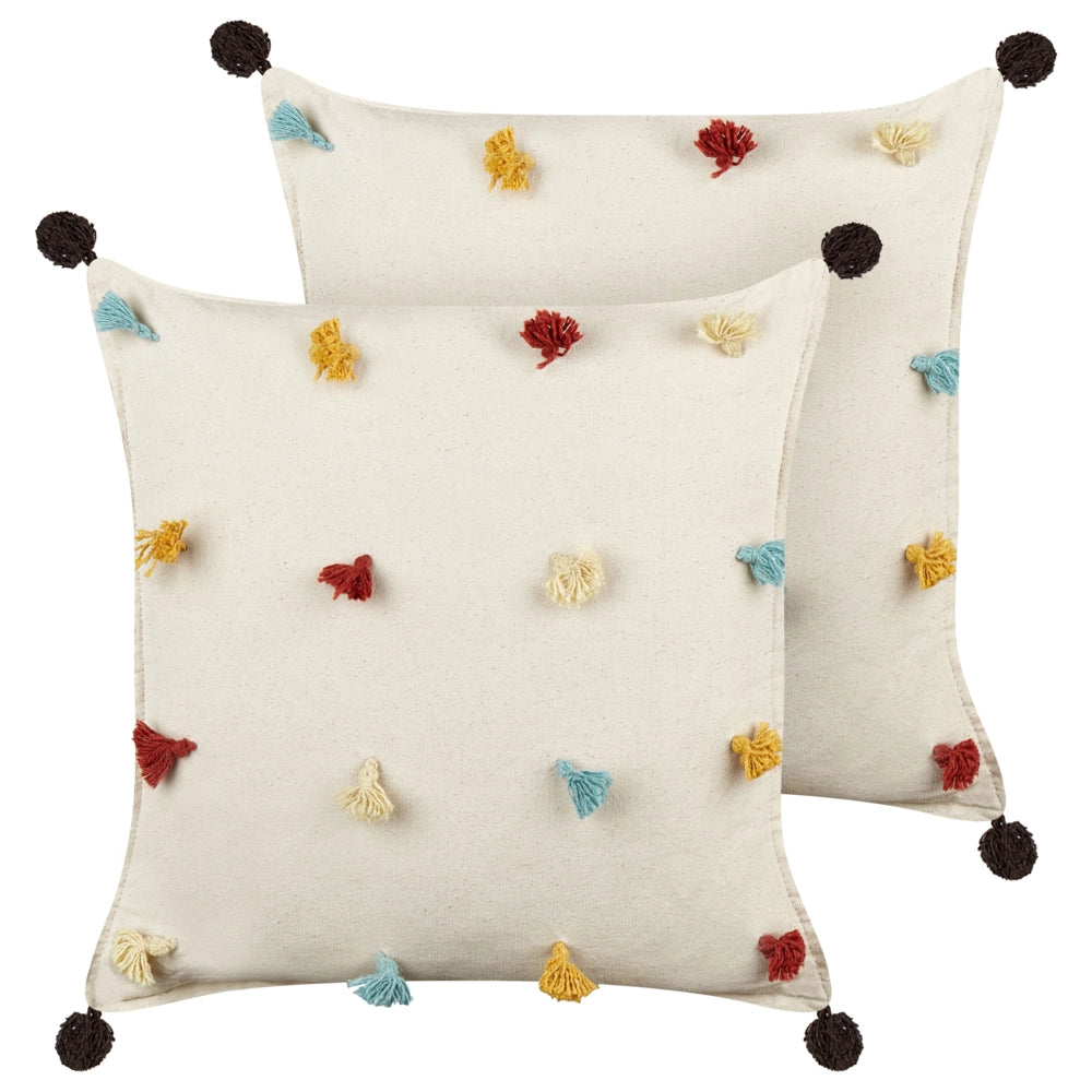 2 cuscini decorativi in cotone beige chiaro 45 x 45 cm con frange multicolori