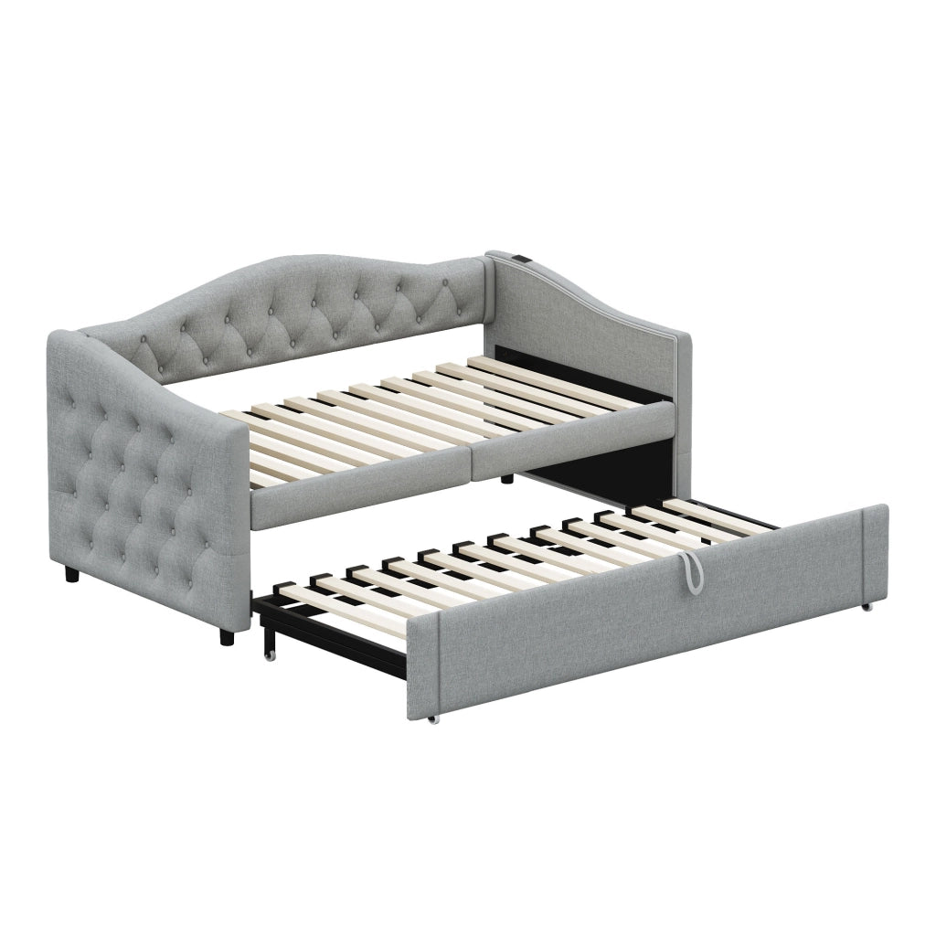 Letto divano 90 × 200 cm con porta USB, letto estraibile, senza materasso, in tessuto effetto lino, grigio