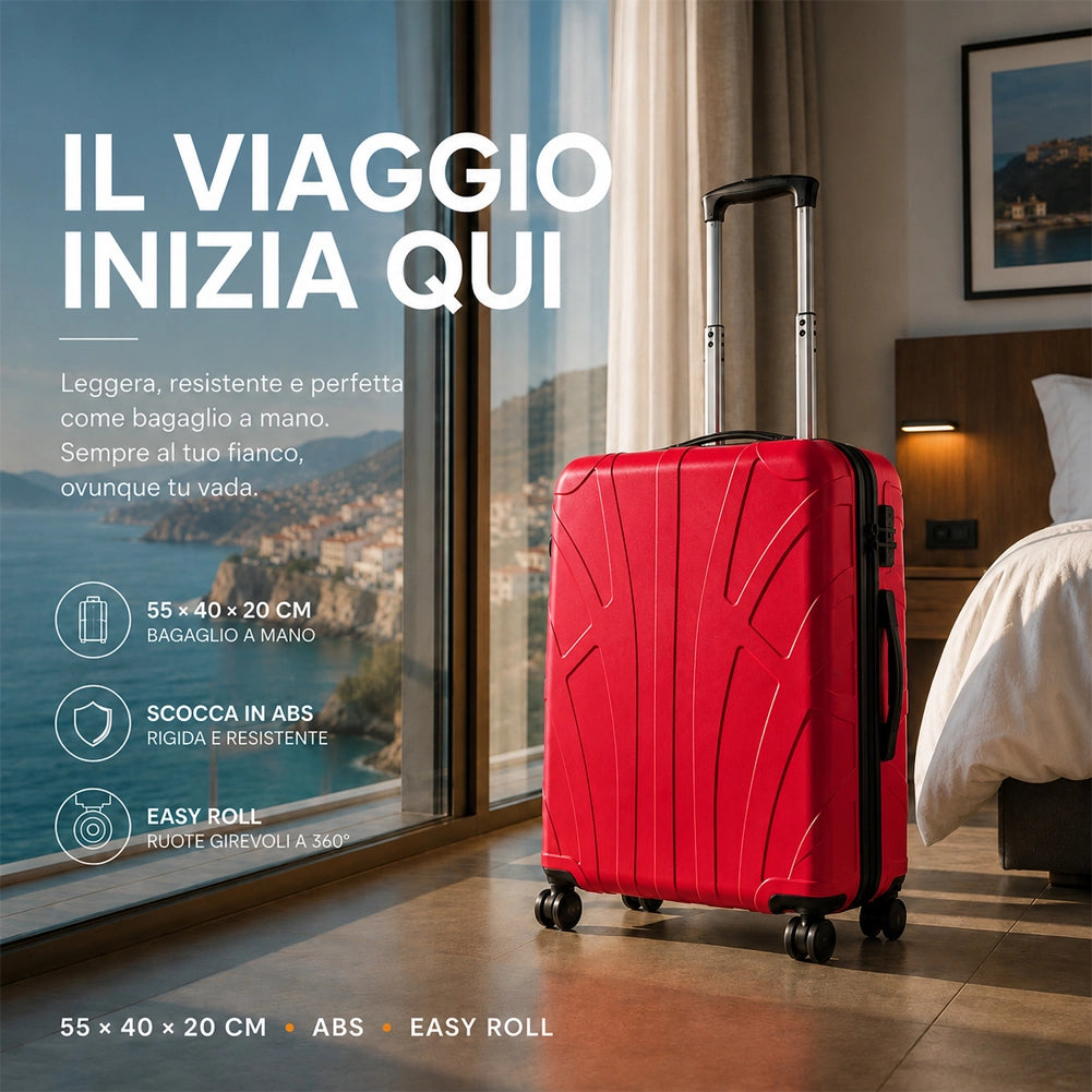Valigia Bagaglio a Mano 55x40x20 cm Rosso Trolley Lugano Adatto Ryanair Easyjet