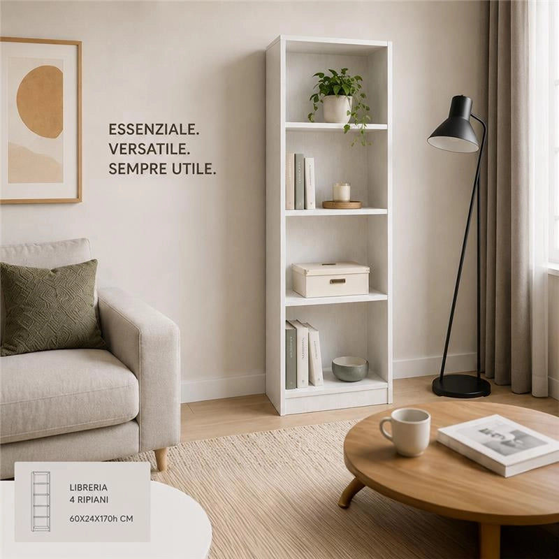 LIBRERIA MODERNA IN LEGNO BIANCO CON 4 RIPIANI DIMENSIONI 60X24X170 CM