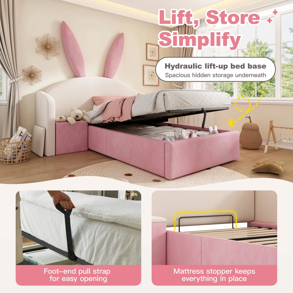 DESMIU Letto bambino 90 × 200 cm 1 posto con contenitore idraulico e comodino, senza materasso, velluto beige e rosa