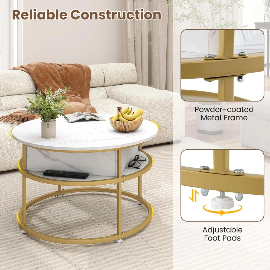 Tavolino rotondo con piano sollevabile, effetto marmo e spazio di archiviazione nascosto, 80 x 80 x 49 cm, tavolino da caffè per soggiorno, ufficio