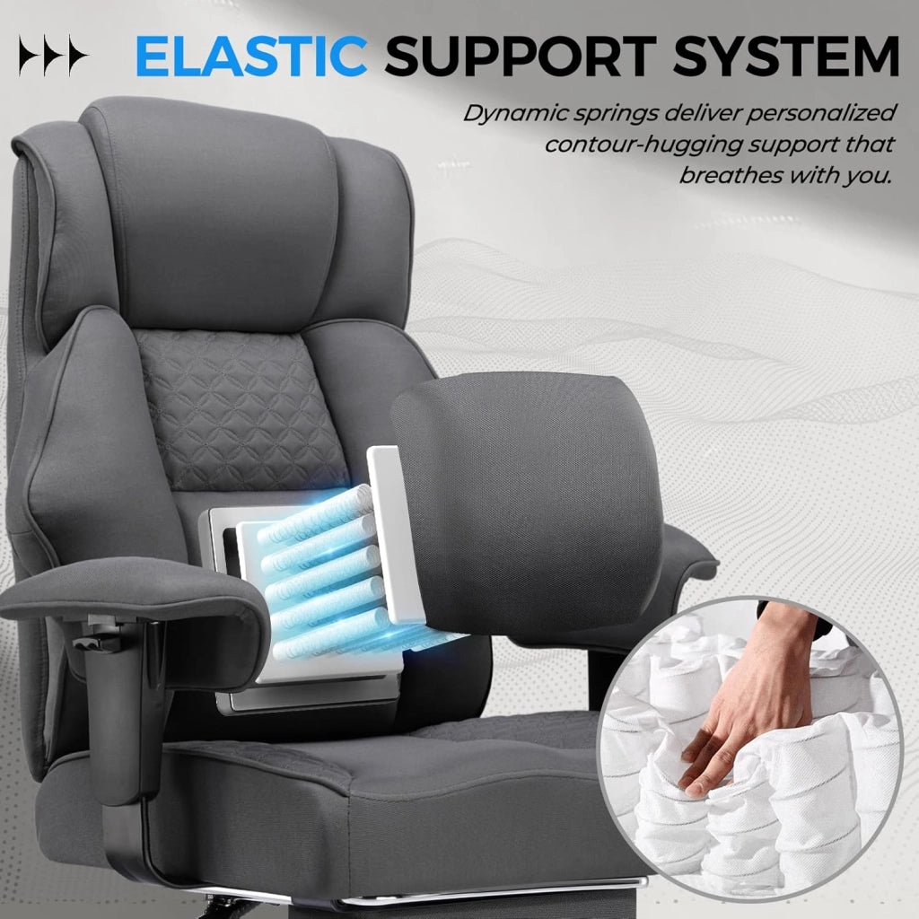 Sedia da gaming, ampia sedia da ufficio in tessuto di alta qualità, ergonomica, sedia da scrivania regolabile e girevole con poggiapiedi, 180 kg, grigio