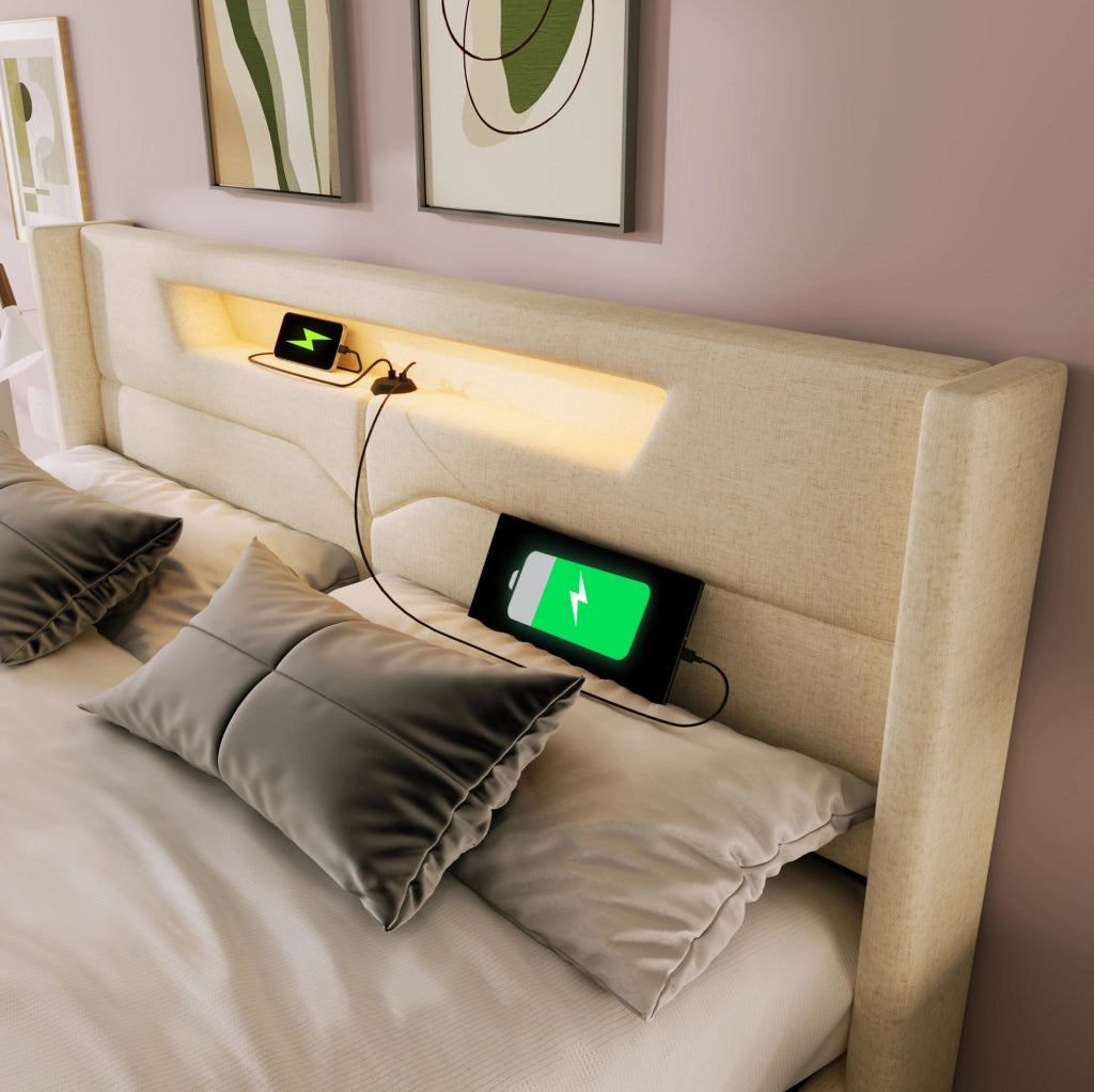 Letto matrimoniale imbottito con LED, USB e USB-C, contenitore alzabile, 160x200