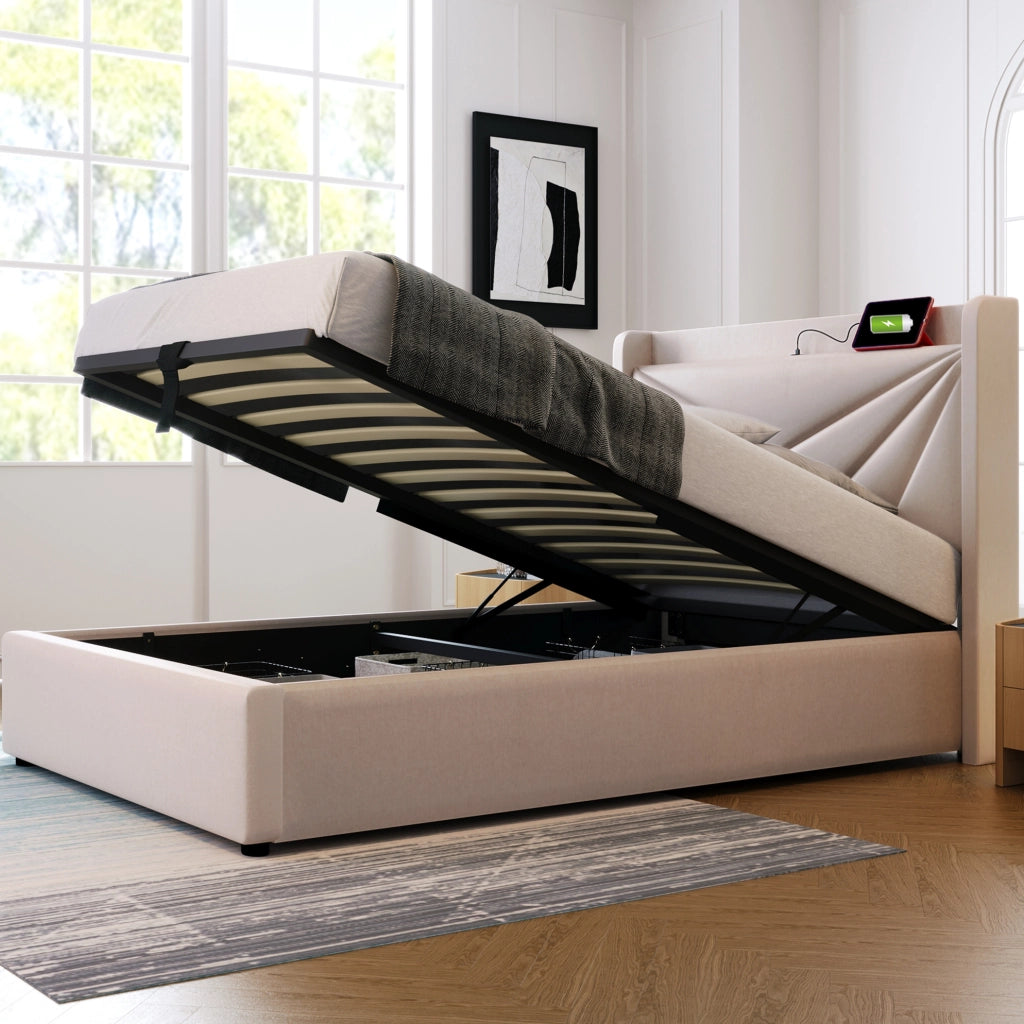 Letto singolo contenitore 90x200 con USB e Tipo C; testiera in cotone e lino beige