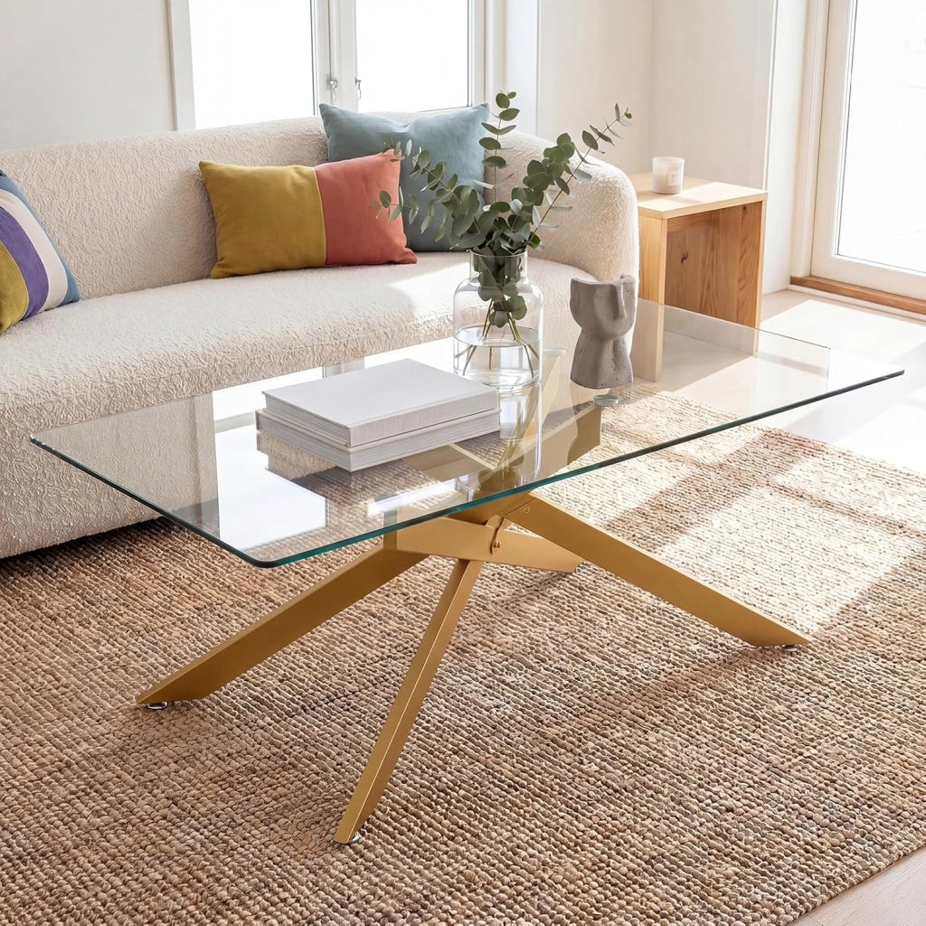 Tavolino da Salotto con Piano in Vetro Temperato, Gambe Incrociate e Piedini Regolabili, Tavolo Basso in Stile Industriale per Soggiorno, Camera da Letto, Ufficio, 120 X 60 X 45,5 CM (Dorato)