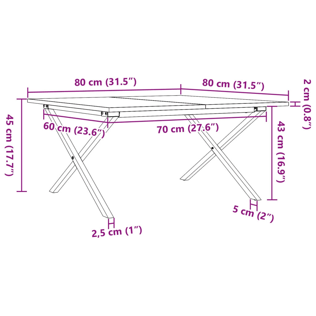 Tavolino da Salotto Telaio a X 80x80x45 cm Legno Pino e Acciaio