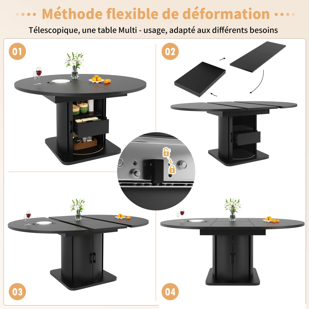 Tavolo da pranzo estensibile a 4 modalità con spazio contenitivo; per cucina e soggiorno; in MDF nero; 118 × 118 × 76 cm