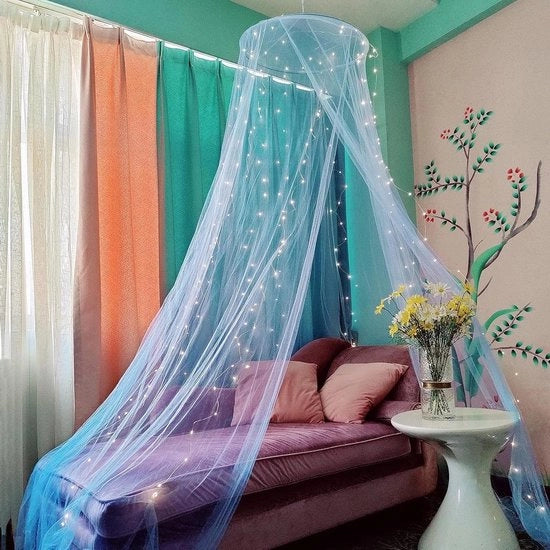 Tenda per Bambina con Illuminazione a Tendina - Decorazione per Camera Ragazza - Festa Tematica Blu/Tono Caldo Bianco - 250 Pezzi