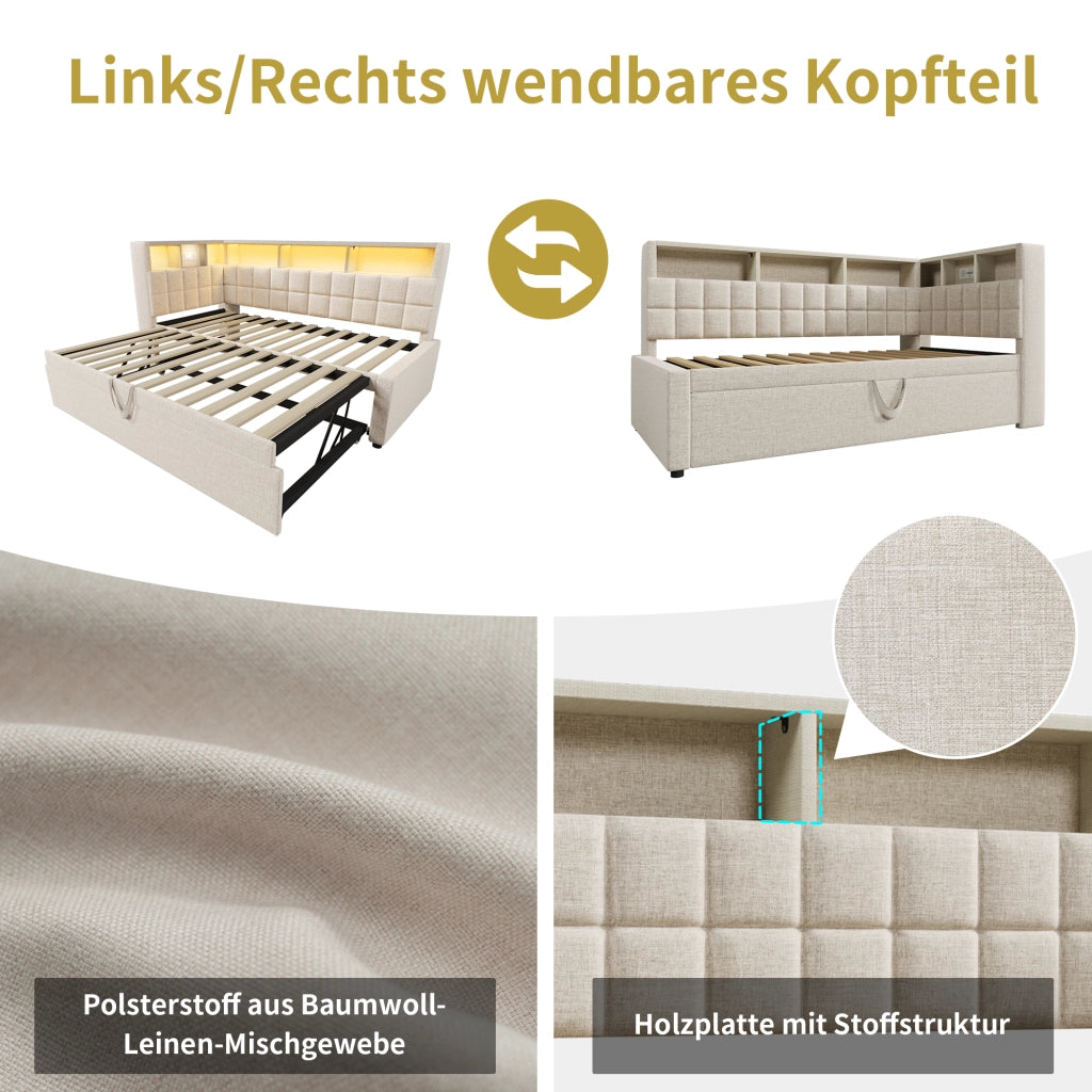 DESMIU Letto con contenitore 90 × 200 cm 1 posto con LED, USB, Type-C e altoparlante Bluetooth, senza materasso, beige
