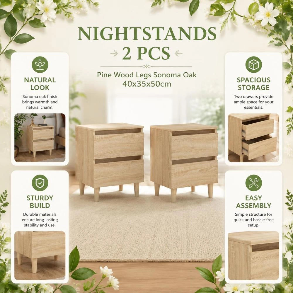 Bedside Tables 2 Pcs. Pinewood Legs Sonoma Oak 40x35x50cm