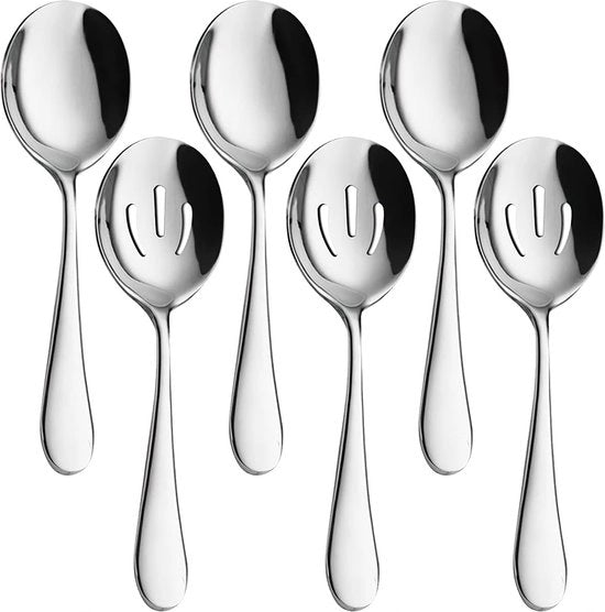 Set di servizio da tavola da 6 pezzi, 22 cm cucchiaio di acciaio inossidabile, cucchiaio da tavola, cucchiaio da dessert, Skimmer avanzato di utilità, cucchiaio forato per servire buffet, ricevimenti, cucina.