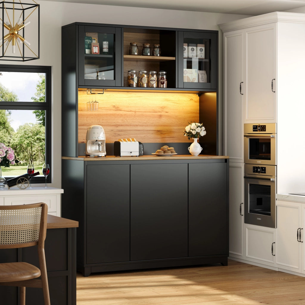 Mobile cucina 120x40x180 cm con vani multipli e illuminazione LED in MDF e metallo nero