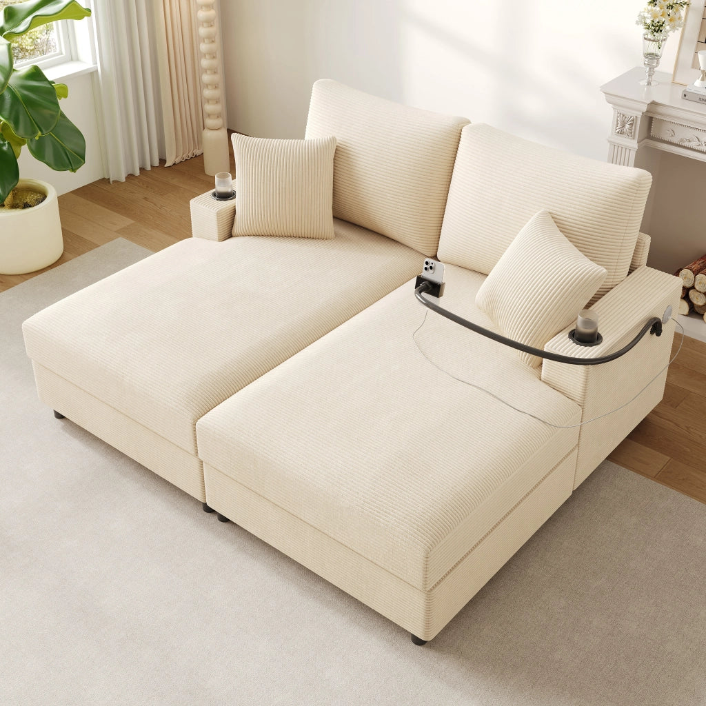 DIVANO Relax 163x140x82 cm in velluto a coste beige, 2 posti