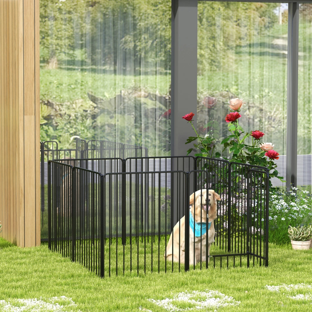 Box per Cani a 8 Pannelli Modulabili da Interno ed Esterno con 9 Picchetti, in Acciaio, 164x164x100 cm, Nero